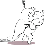 Cartoon figure carrying another with a puzzled expression.