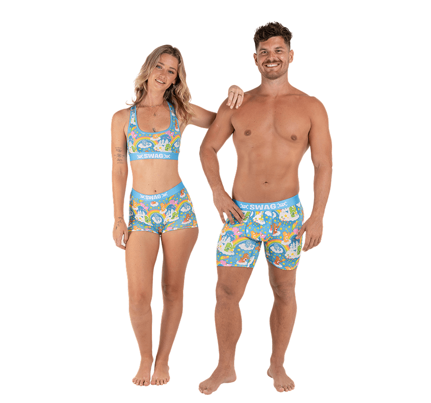 Man and woman wearing colorful matching underwear sets.