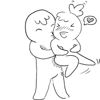 Cartoon figures hugging and kissing, with a heart symbol.